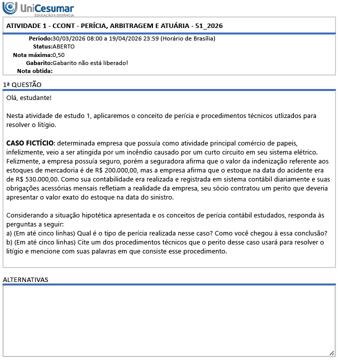 ATIVIDADE 1 – CCONT - PERÍCIA, ARBITRAGEM E ATUÁRIA – 51_2026 image