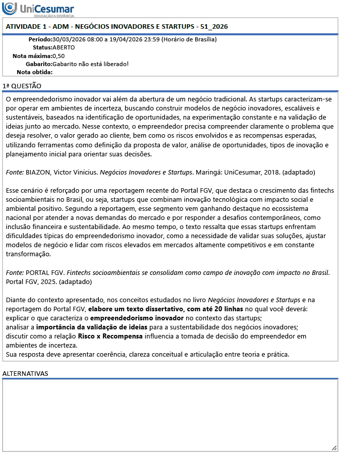 ATIVIDADE 1 - ADM - NEGÓCIOS INOVADORES E STARTUPS - 51_2026 image