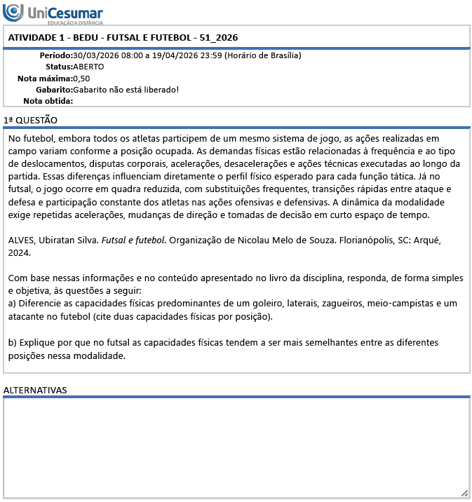 No futebol, embora todos os atletas participem de um mesmo sistema de jogo, as ações realizadas em campo variam conforme a posição ocupada. As demandas físicas estão relacionadas à frequência e ao tipo de deslocamentos, disputas corporais, acelerações, desacelerações e ações técnicas executadas ao longo da partida. image