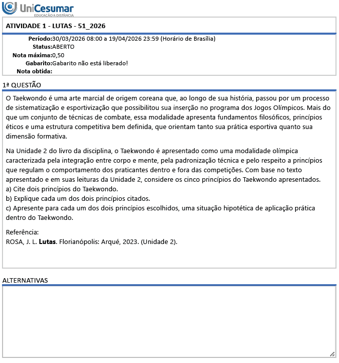 O Taekwondo é uma arte marcial de origem coreana que, ao longo de sua história, passou por um processo de sistematização e esportivização que possibilitou sua inserção no programa dos Jogos Olímpicos. Mais do que um conjunto de técnicas de combate, essa modalidade apresenta fundamentos filosóficos, princípios éticos e uma estrutura competitiva bem definida, que orientam tanto sua prática esportiva quanto sua dimensão formativa. image