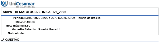 MAPA DE BIOMEDICINA/FARMÁCIA HEMATOLOGIA CLÍNICA Olá, estudante! Seja bem-vindo à atividade M.A.P.A. (Material de Avaliação Prática de Aprendizagem) da disciplina de Hematologia Clínica. Instruções iniciais: Utilize o formulário de resposta padrão do M.A.P.A. para realizar esta atividade. Ele se encontra disponível para download em "Material da Disciplina". Siga todas as instruções que constam no formulário. image
