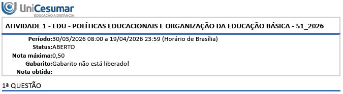 ATIVIDADE DISCURSIVA 01 – POLÍTICAS EDUCACIONAIS E ORGANIZAÇÃO DA EDUCAÇÃO BÁSICA – EDUCAÇÃO FÍSICA Tema: Indicadores educacionais e produção de estatísticas no Brasil (IBGE, INEP e IPEA) Enunciado: Na formulação, implementação e avaliação de políticas educacionais, a tomada de decisão depende fortemente de informações públicas confiáveis. image