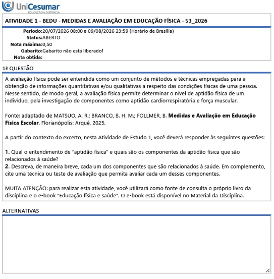 A avaliação física pode ser entendida como um conjunto de métodos e técnicas empregadas para a obtenção de informações quantitativas e/ou qualitativas a respeito das condições físicas de uma pessoa. image